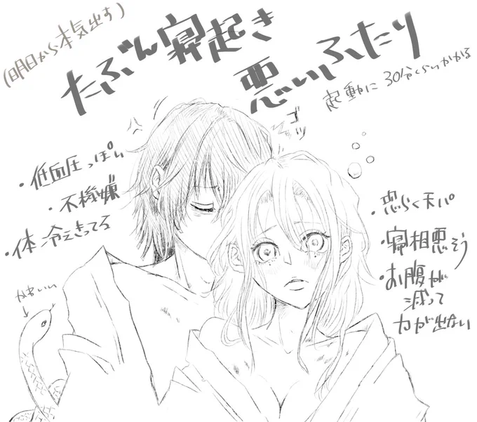 あ、じゃあついでに昨夜仕事を犠牲にして描いてた寝起きおばみつも見てってください...(明日から本気出す)は自分宛 
