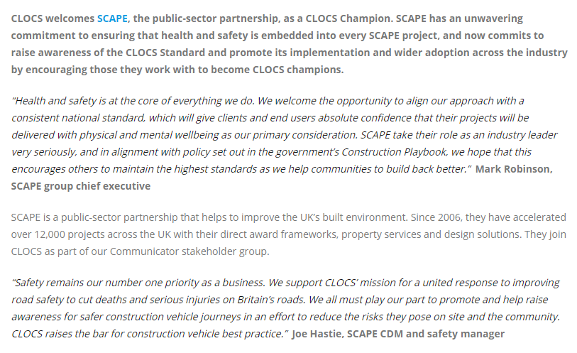 April News: <a href="/Scape_Group/">SCAPE</a> joins CLOCS as part of ongoing commitment to health and safety. See what that means for UK construction: buff.ly/3dFv8kc

#SCAPE #CLOCS #construction #safety #roadsafety #logistics #clocschampion