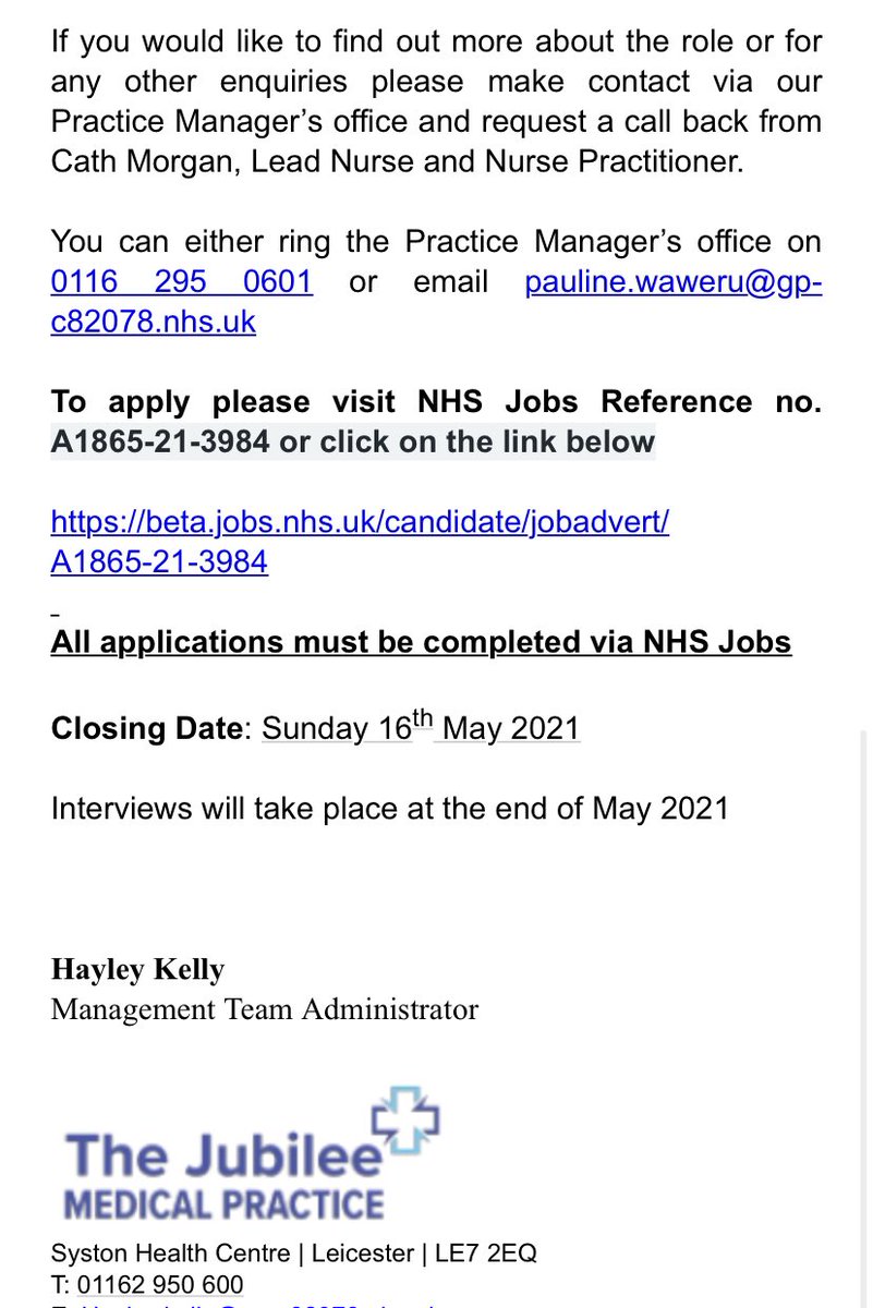 Practice nurse job <a href="/JubileeMed/">The Jubilee Practice</a> <a href="/daisyflower88/">Cath</a> <a href="/NHSELRCCG/">NHS East Leicestershire and Rutland CCG</a> @NHSLeicester @HEE_TEL @WeGPNs <a href="/Holly_Taylor198/">Archie taylor</a>