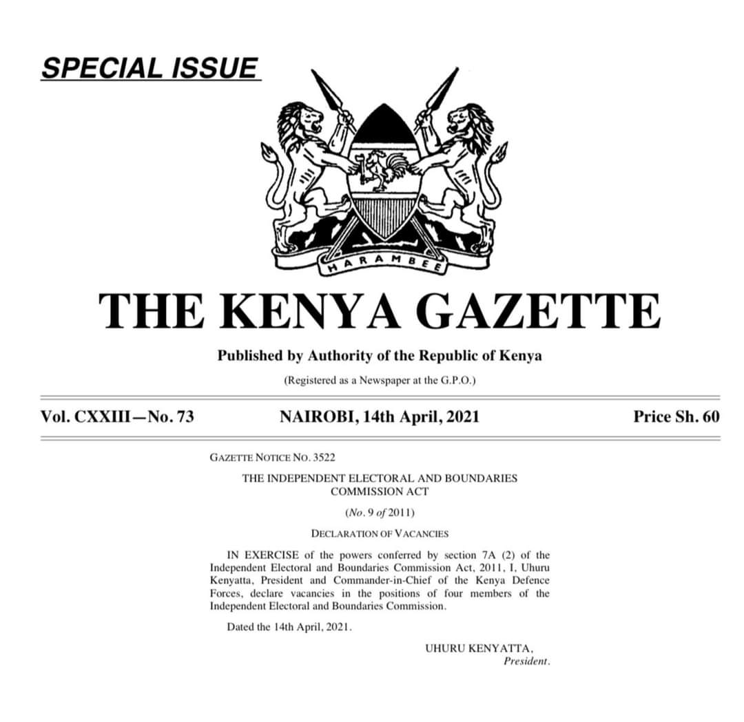President Uhuru Kenyatta has declared vacancies in the <a href="/IEBCKenya/">IEBC</a> for four commissioners. <a href="/CrimeScribesKE/">Crime Journalists Association of Kenya-CJAK</a>