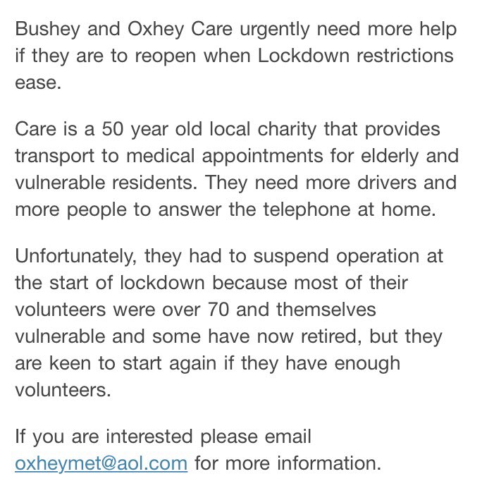 Volunteers needed for Bushey and Oxhey Care