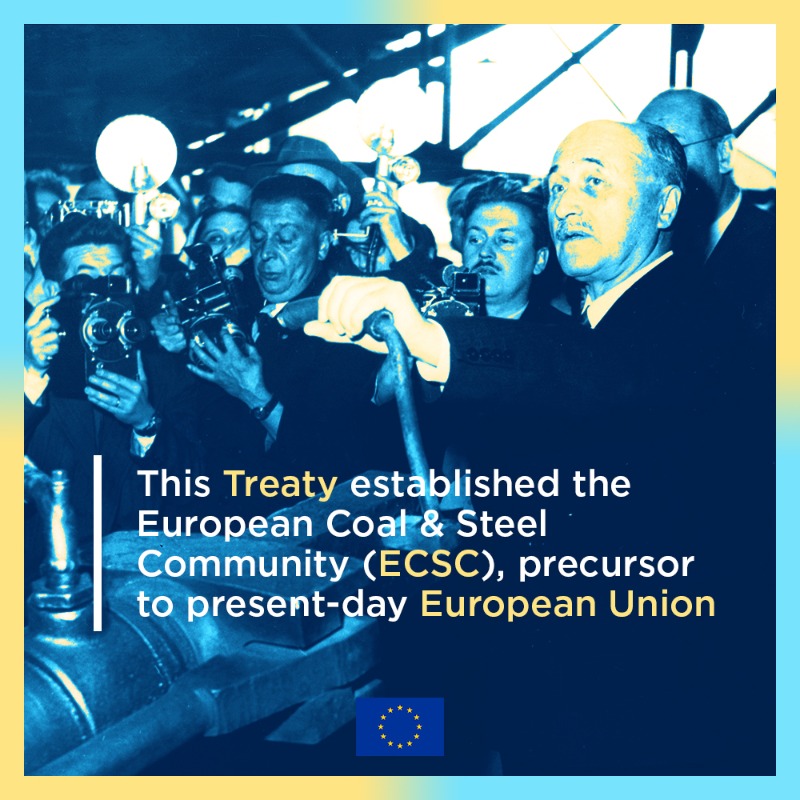 EU_Commission's tweet photo. One treaty. One goal. Never again war. 🕊️

70 years ago, the 6 founding European countries signed the Treaty of Paris.

On this day, they established the European Coal and Steel Community, a starting point towards the EU as we know it today.

#EUHistory #EUarchives