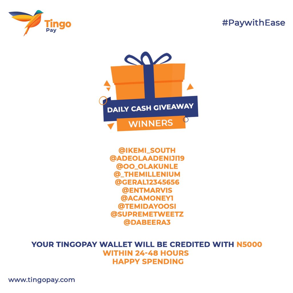 tingopay's tweet photo. Congrats to; 

@ikemi_south
@adeolaadeniji19
@oo_olakunle
@_themillenium
@geral12345656
@EntMarvis
@acamoney1
@temidayoosi
@supremetweetz
@dabeera3 

You too can win: Follow @tingopay, register on the app and send us a dm with your registered email address. https://t.co/Ey9MlfgUC5