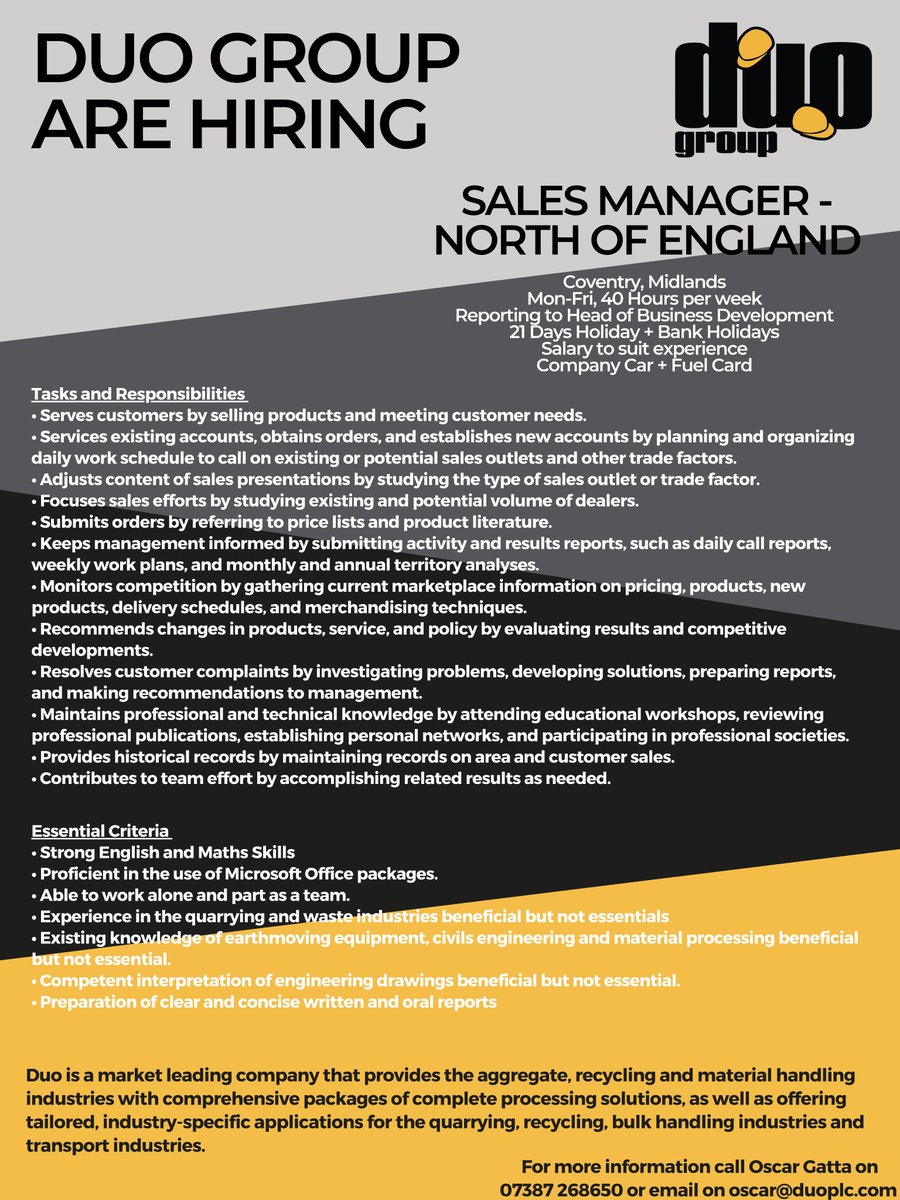 Duo Group are hiring! Exciting new opportunity for those in Sales - for more information please see contact details attached 
#hiring #recruitment #nowhiring #opportunity #jobs #jobsearch #careers #sales #joinourteam #SalesManager