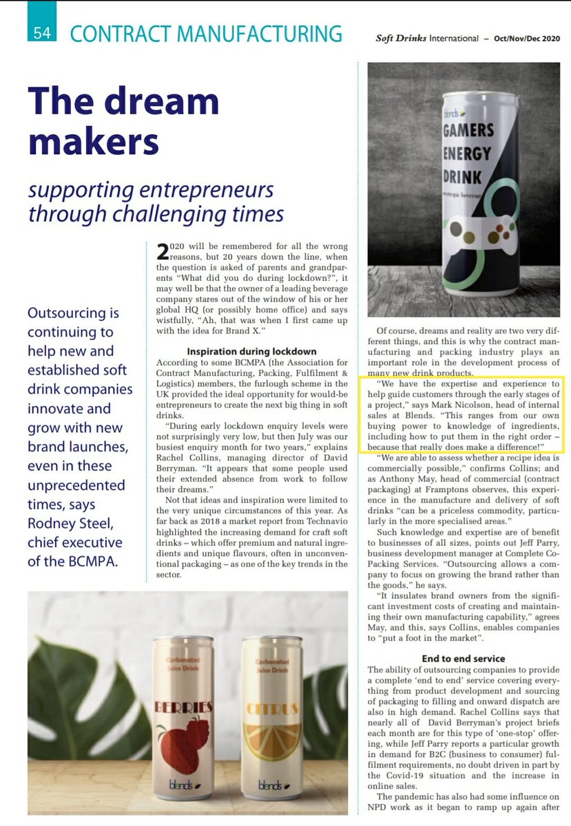 During the lockdown, Blends F&amp;C found inspiration to develop #energydrinks with nootropic ingredients and #softdrinks focus on health benefits for many of our customers.
Check out the article "The dream makers" from Soft Drinks International Magazine.

Link in bio.