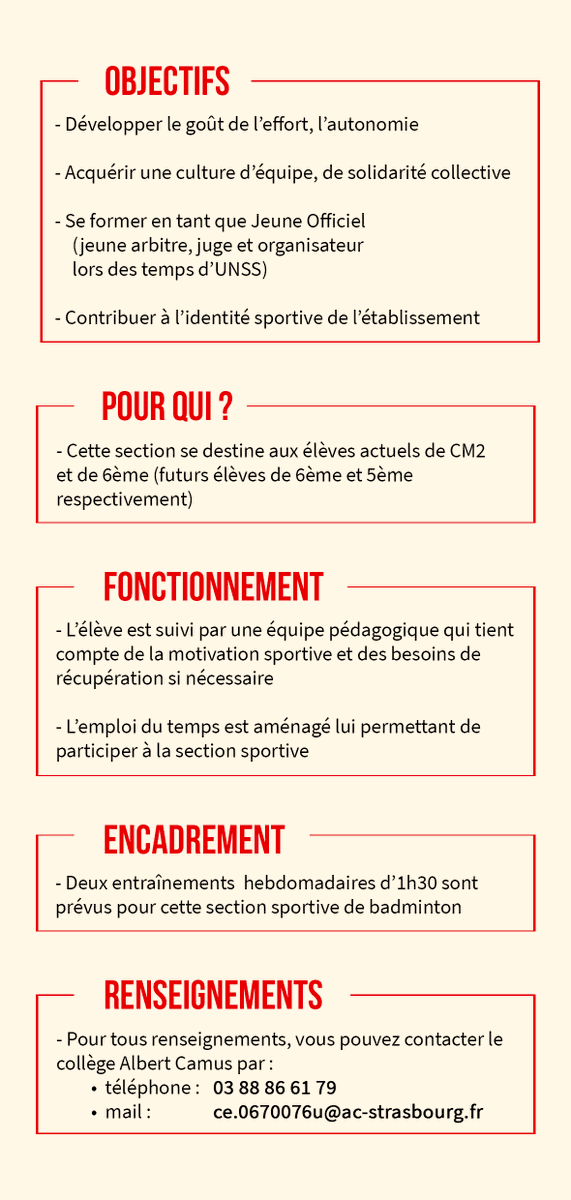 BadSoufflenheim's tweet photo. La Section Sportive de Badminton de Soufflenheim ouvre !😉
Elle commencera à partir de la rentrée 2021/2022 au collège Albert Camus de Soufflenheim
Merci beaucoup au Syndicat Intercommunal du Collège de Soufflenheim de pouvoir donner cette possibilité aux jeunes !😁
#GoASBS 🔴🟡 https://t.co/2UIgpAIsxo