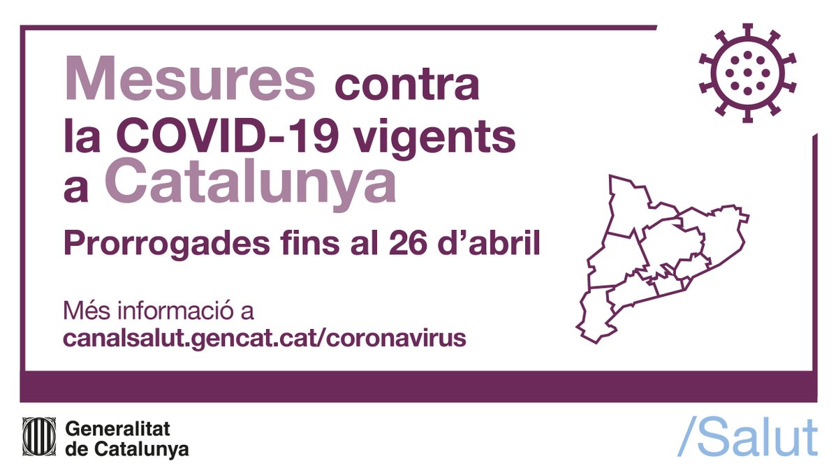 📆 Es prorroguen fins al 26 d'abril les mesures per a la contenció de la COVID-19.

Es manté 7 dies més el tancament comarcal que afecta tot Catalunya.

🔗 ow.ly/H6Rp50EqfTR