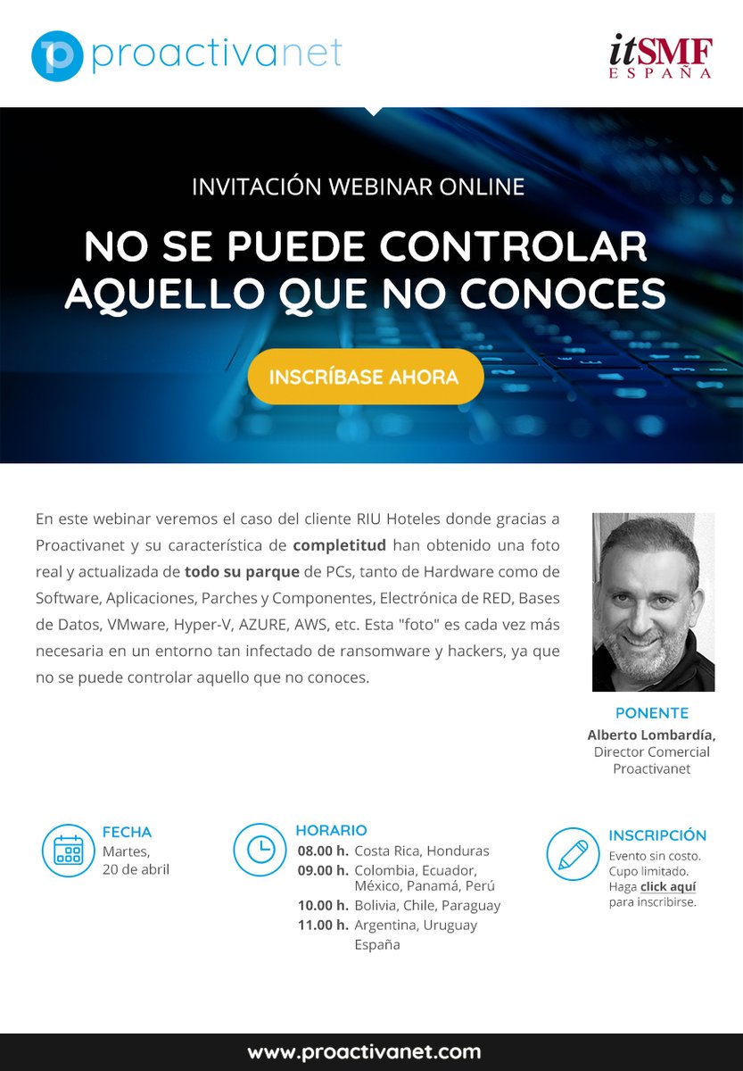 Proactivanet's tweet photo. Alberto Lombardía, director comercial de @Proactivanet participa en #Tools21 de  @itsmfes con el webinar No se puede controlar aquello que no conoces

Inscríbete ya y participa https://t.co/P6hpSwV1eI https://t.co/7WF7IymqGe