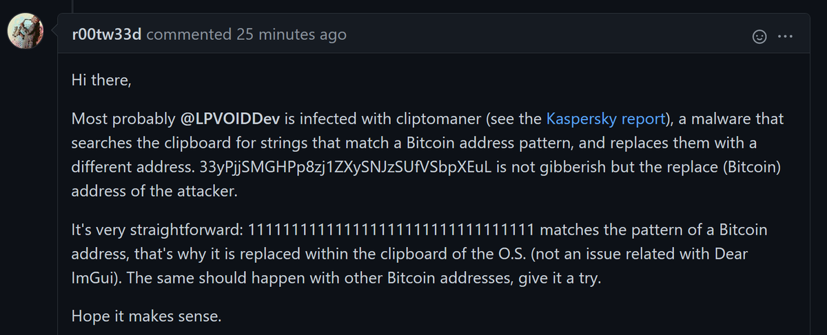 ocornut's tweet image. - User submits a mysterious clipboard issue
- @PathogenDavid patiently digs into system locales, encoding conversions, line-endings etc., fails to repro but somehow finds a fix involving line-endings format.
- Someones shows up with an answer *ouch*