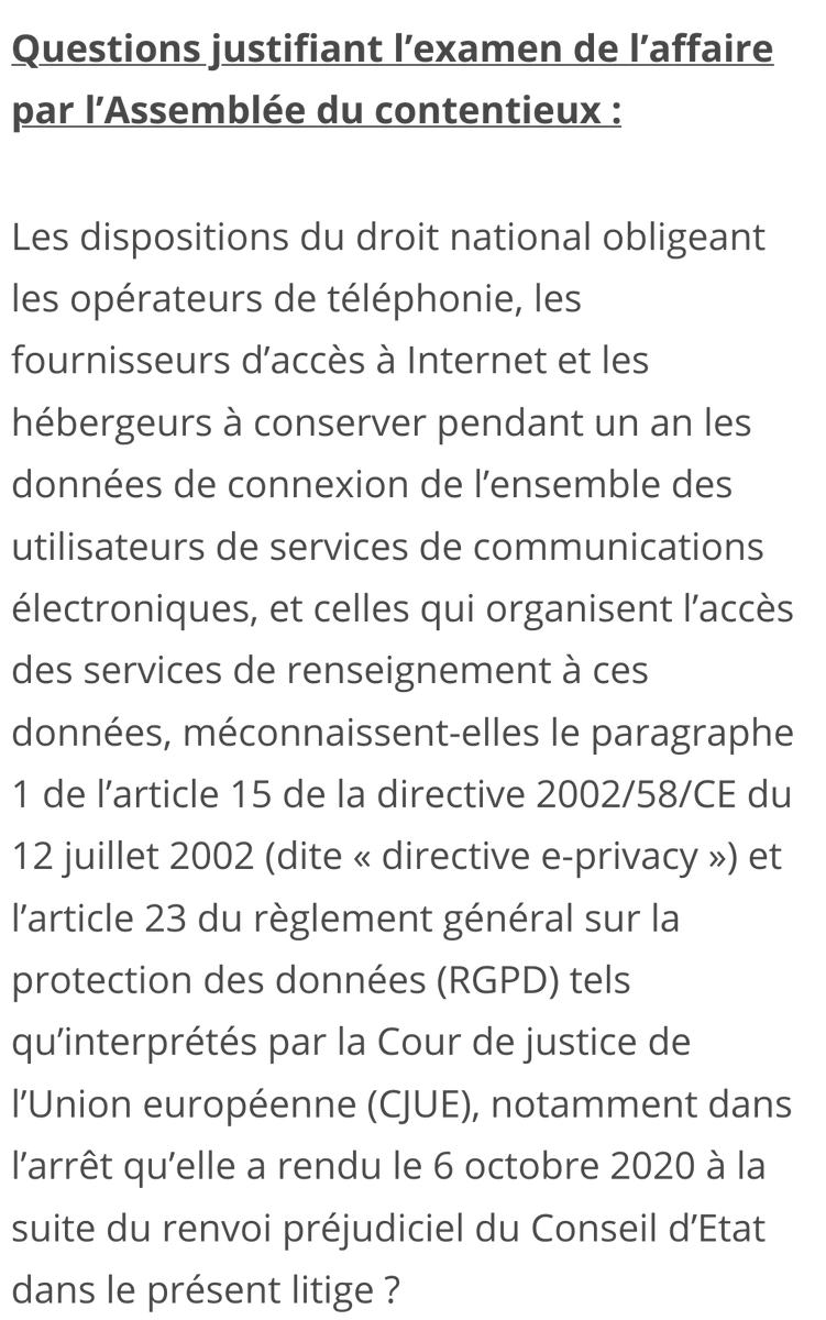 Dans cette affaire, la CJUE nous a donné raison en octobre dernier. Mais le gouvernement ne veut pas l'entendre : il demande au  @Conseil_Etat de ne pas appliquer la décision de la CJUE. Étrange conception de l'État de droit...  https://www.laquadrature.net/2021/04/07/jugement-imminent-contre-la-surveillance-de-masse/