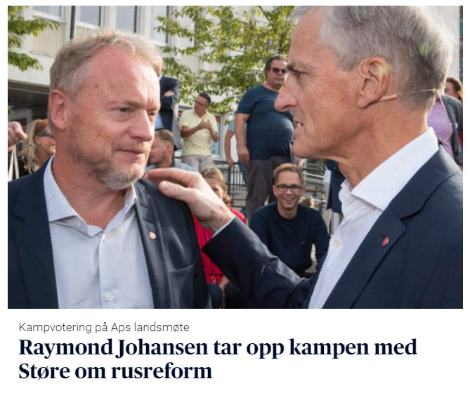 Heia <a href="/RaymondJohansen/">Raymond Johansen</a> og de tre andre dissenskameratene! Jeg synes forkjempere for rusreform skal gjøre en liten innsats for å merke seg hvem som jobber mot <a href="/jonasgahrstore/">Jonas Gahr Støre</a> og gi de ros heller enn tyn om de går ned med flagget til topps
