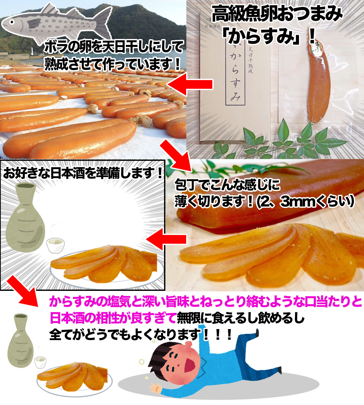 高知かわうそ市場 めちゃめちゃ美味しい魚卵 からすみ って知ってますか ボラの卵を天日干しして熟成させた 高級な珍味です うま味とコクがあり 海のチーズ とも呼ばれます ほどよい塩味とねっとり濃厚な旨味は 日本酒とあわせると最高