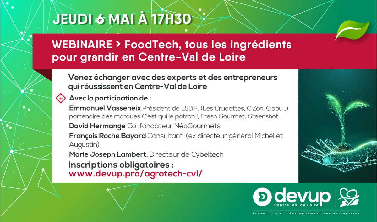 Save the date !
Acteurs de la #FoodTech/de l' #AgTech : réservez votre jeudi 6 mai et participez à notre webinaire pour découvrir l'écosystème #food du #CentreValdeLoire &amp; les atouts pour y développer votre #business.
<a href="/FoodValdeLoire/">Food Val de Loire</a> <a href="/AgreentechV/">AgreenTech Valley</a> <a href="/GeolinkFrance/">Geolink Expansion</a> <a href="/champspossible/">Campus Les Champs du Possible - Village by CA</a>