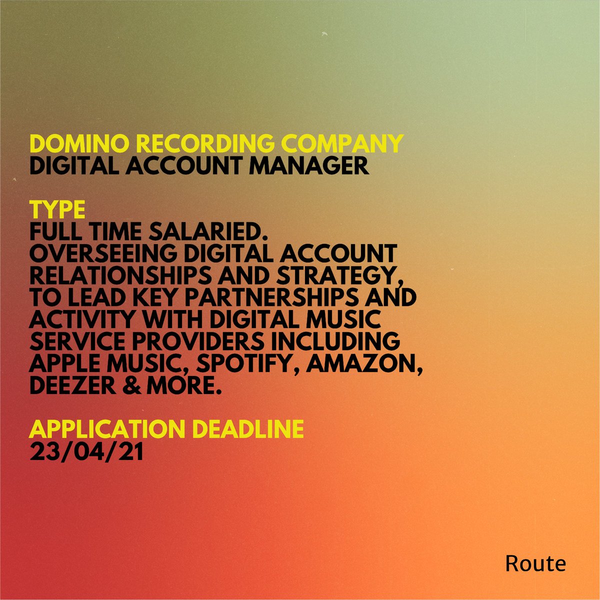 📣🚨 FEATURED : New role just in. <a href="/Dominorecordco/">Domino Recording Co</a> are recruiting for a Digital Account Manager to join the London based team.

Apply here >> bit.ly/routejobs