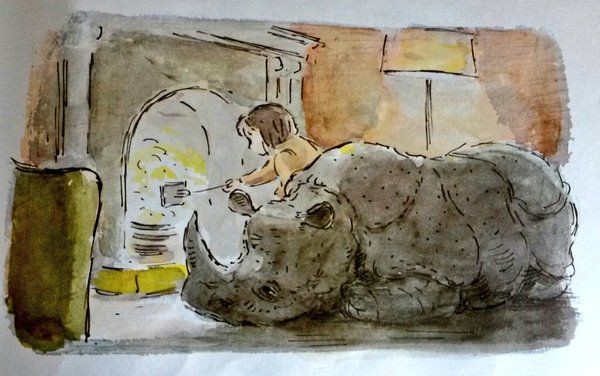 Diana making hot buttered toast for her indisposed and sickly friend the rhinoceros #edwardardizzone