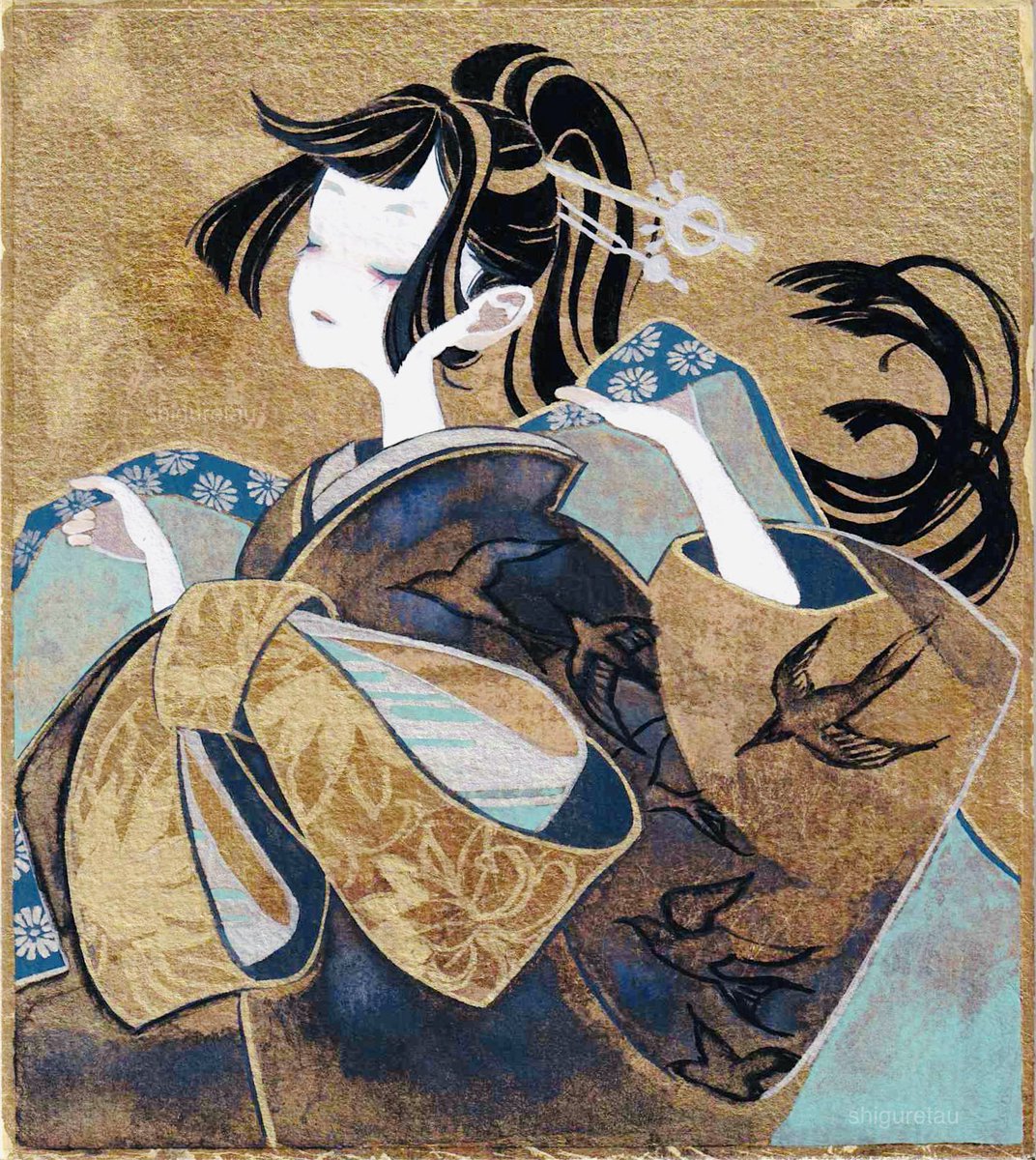 1girl solo japanese clothes black hair kimono traditional media long hair  illustration images