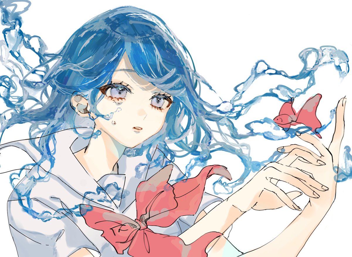 1girl blue hair solo fish blue eyes sailor collar white background  illustration images