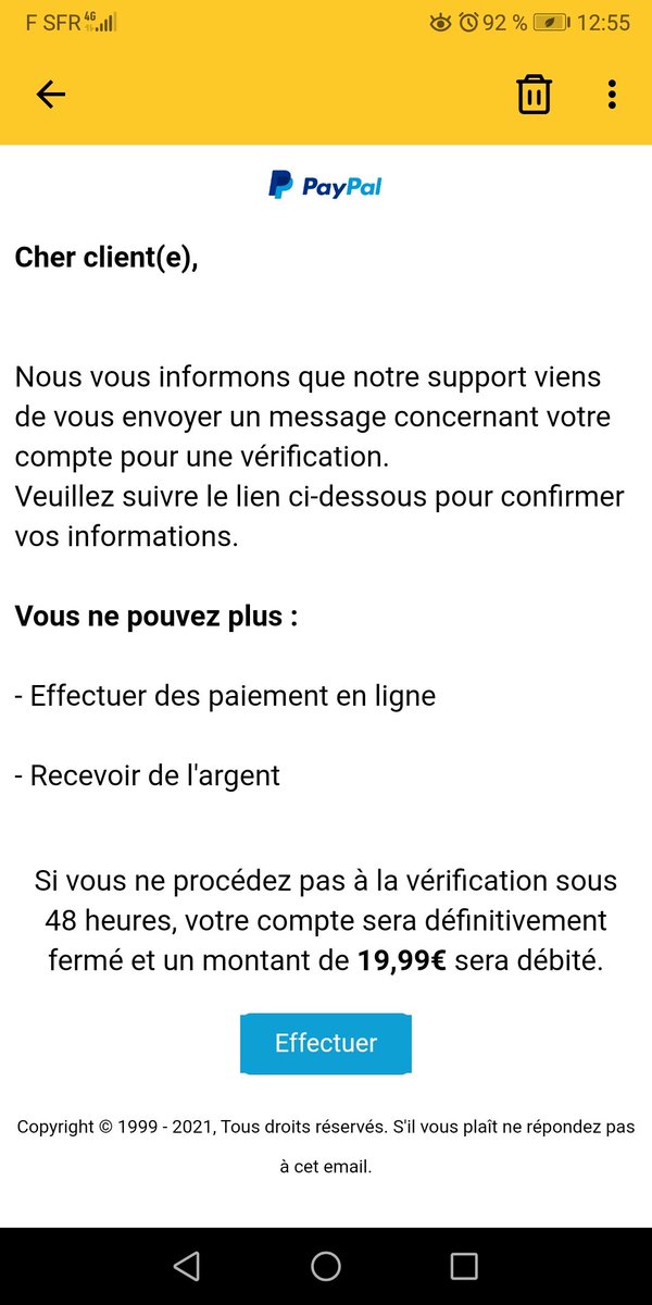 serypatrice's tweet photo. support@verifppl.net #spam en empruntant l'image de @PayPalFrance #cybersecurite https://t.co/6KrjLXcOFH