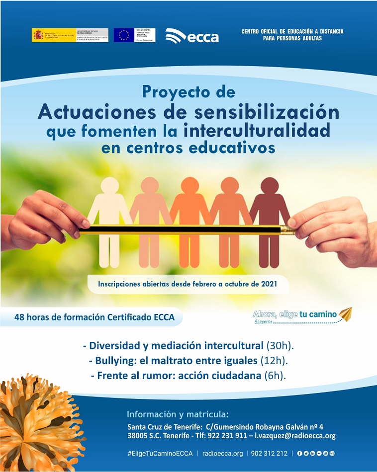 Actuaciones de sensibilización que fomenten la interculturalidad en centros educativos. ¡Inscripciones abiertas!
➕info y matrícula: en la sede de Santa Cruz de Tenerife (C/Gumersindo Robayna Galván, 4), en el ☎ 922 231 911 o a 📧 l.vazquez@radioecca.org