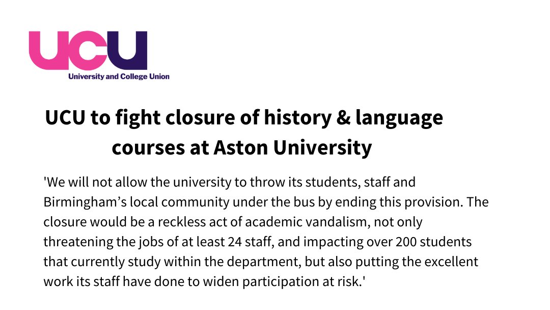 Aston University has told staff that at least 24 jobs are at risk of redundancy due to its plans to close the department of history, languages and translation.

Sign our petition to defend the courses: speakout.web.ucu.org.uk/defend-history…

Full release: 
ucu.org.uk/article/11509/…

<a href="/AstonUCU/">AstonUCU</a>
