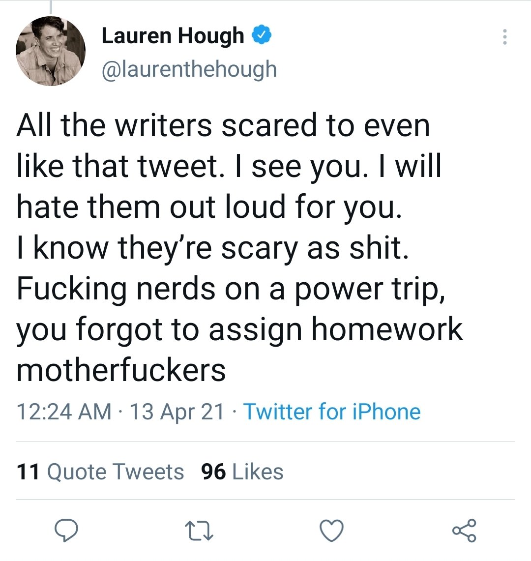 Lauren Hough, author of Leaving Isn't The Hardest Thing, goes on an extended Twitter rant against "fucking nerds" for giving her book 4 and 4.5 star reviews.