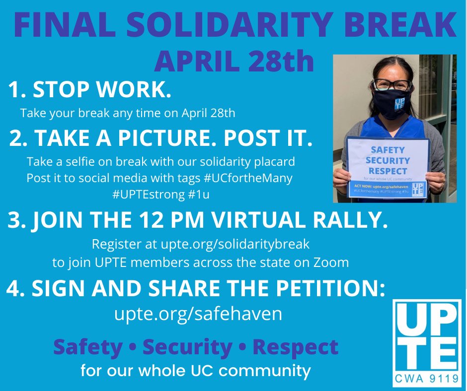 UPTECWA's tweet photo. We can't let UC executives use the pandemic as an excuse to cut a single dollar from the university mission that we all serve. Let's start by keeping our contracts safe for the next three years.

Join us on April 28th: https://t.co/NLbqETR6Zr

#UCfortheMany #UPTEstrong #1u https://t.co/l1i8k5JQcJ