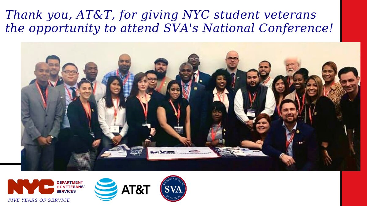 nycveterans's tweet photo. As we celebrate #FiveYearsofService, we recognize the partnerships that make our work possible. A special shoutout goes to @ATT! Their support allowed NYC #StudentVeterans to attend @studentvets' National Conference, #NatCon, the world's largest gathering of post 9/11 #vets.
1/2 https://t.co/k5dIHM2Ukr