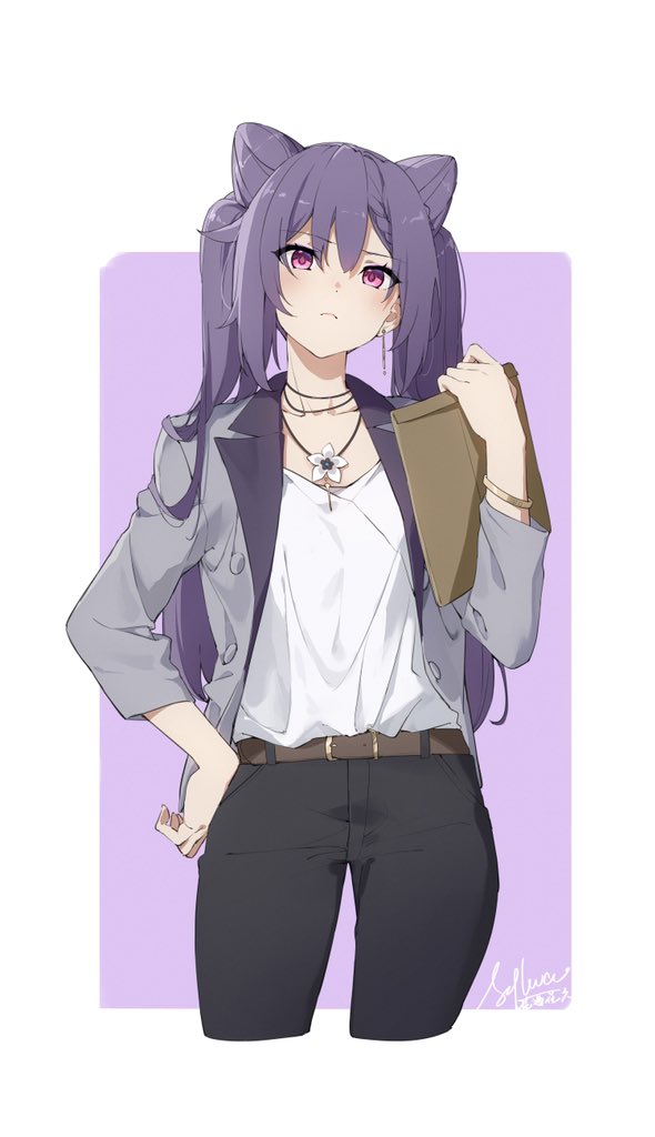 keqing (genshin impact) 1girl solo purple hair jewelry twintails pants necklace  illustration images