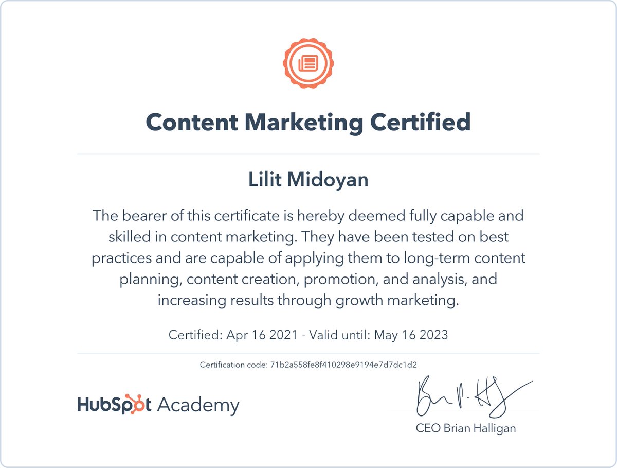 I just got my #ContentMarketing Certification from HubSpot Academy! app.hubspot.com/academy/achiev…
