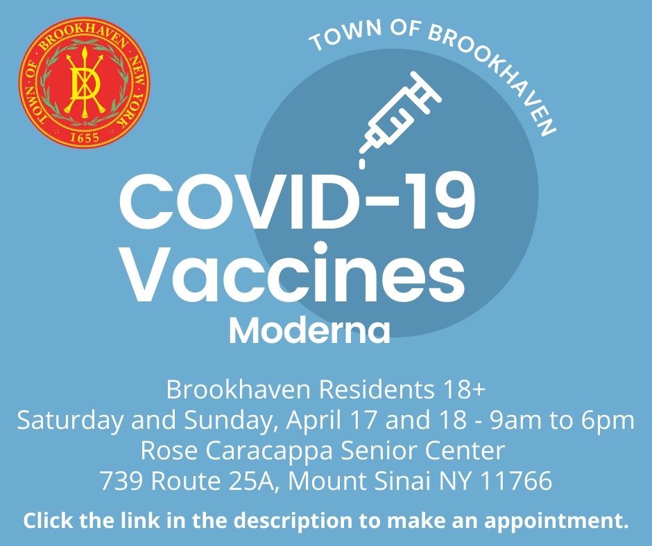 VACCINE APPOINTMENTS AVAILABLE THIS WEEKEND The Town of Brookhaven is hosting a vaccination weekend at the Rose Caracappa Senior Center in Mount Sinai. Open to Brookhaven residents age 18+. Register at: northwell.edu/coronavirus-co…