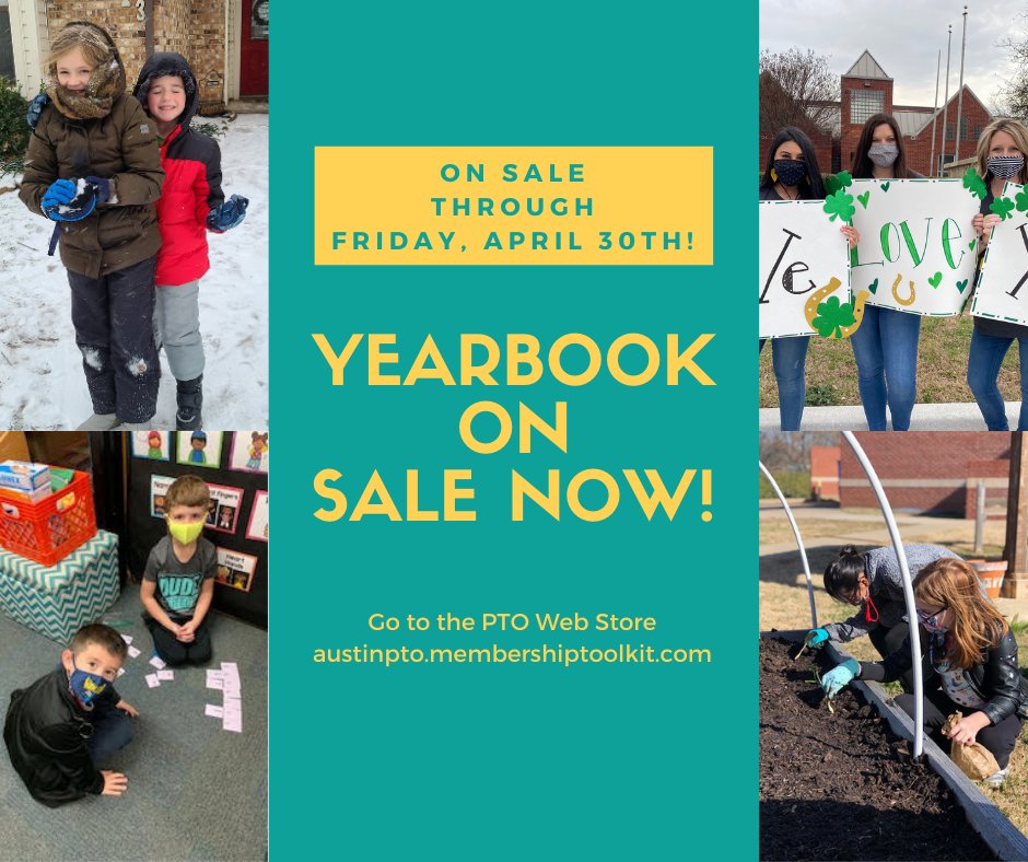 You have one more chance to buy this year's yearbook! We are extending sales through Friday April 30th! Yearbooks are on sale for $30 in the PTO Webstore at austinpto.membershiptoolkit.com. Once you're logged in to your account, go to the PTO Web Store page and scroll to bottom.