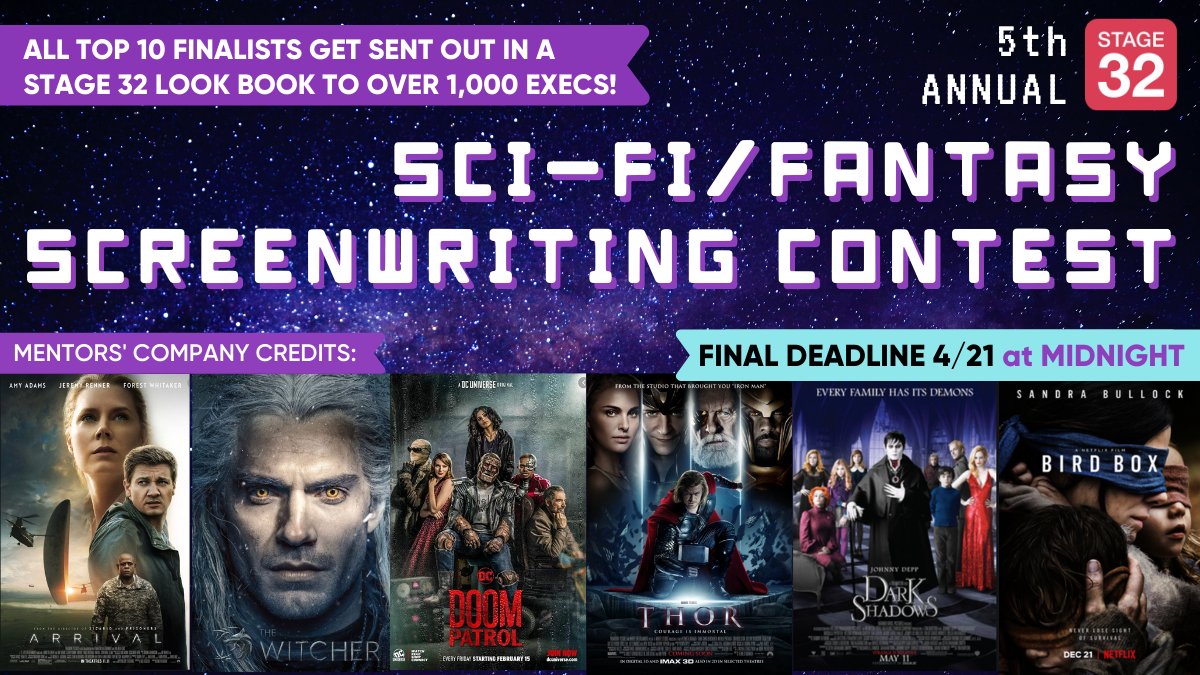 FINAL Deadline Wednesday, 4/21 - Submit your #scifi/ #fantasy TV pilots or features now >> https://t.co/WMMTfAiwB3

Winner meets with a mentor board whose credits include STRANGER THINGS, THE WITCHER, BIRDBOX, DOOM PATROL, ARRIVAL, THOR, & more!

#screenwriter https://t.co/PiqNss6zTS