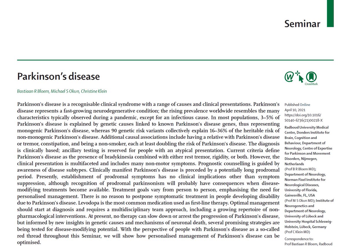 I have seen many posts by people who were eager to read the new Seminar on #Parkinson Disease that was just published in <a href="/TheLancet/">The Lancet</a>. The free downloadable version is here (limited time only) eur02.safelinks.protection.outlook.com/?url=https%3A%…