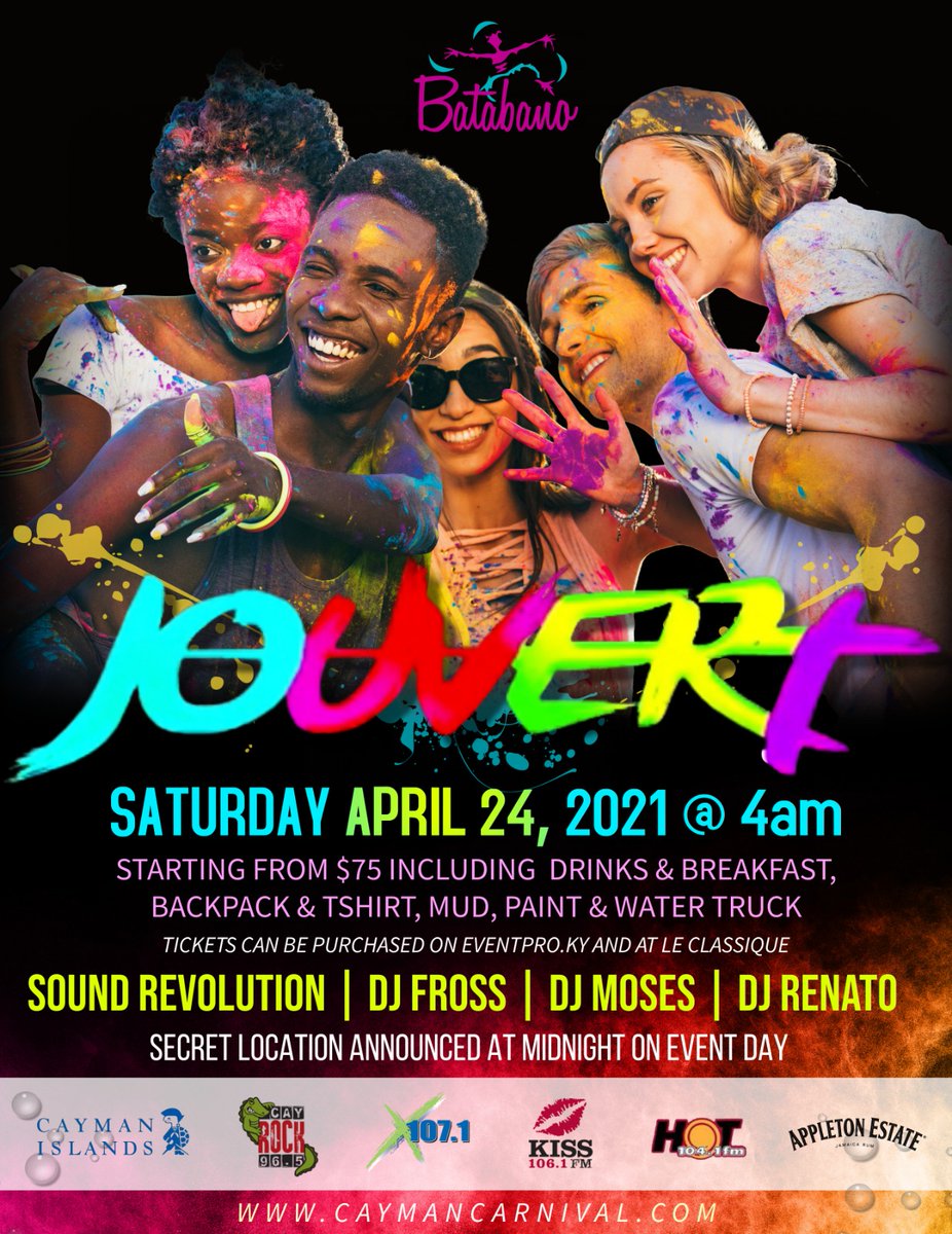 The countdown is on to Batabano J'Ouvert 2021 next weekend! April 24th at 4am. Shh....secret location! Tickets are $75 (general) and $100 (premium), incl. drinks, breakfast, backpack, T-shirt, mud &amp; paint. Hurry! Tickets are limited so get yours TODAY: eventpro.ky/buytickets/bat…
