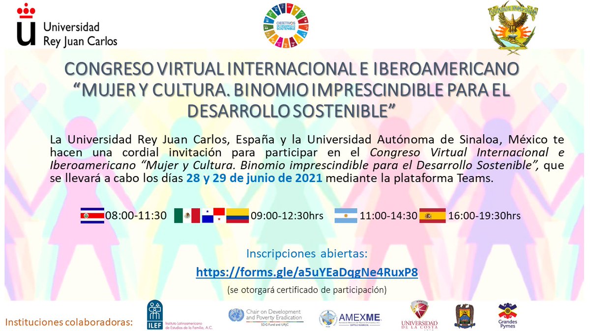 CONGRESO VIRTUAL INTERNACIONAL E IBEROAMERICANO “MUJER Y CULTURA. BINOMIO IMPRESCINDIBLE PARA EL DESARROLLO SOSTENIBLE”
Inscripciones: forms.gle/a5uYEaDqgNe4Ru…