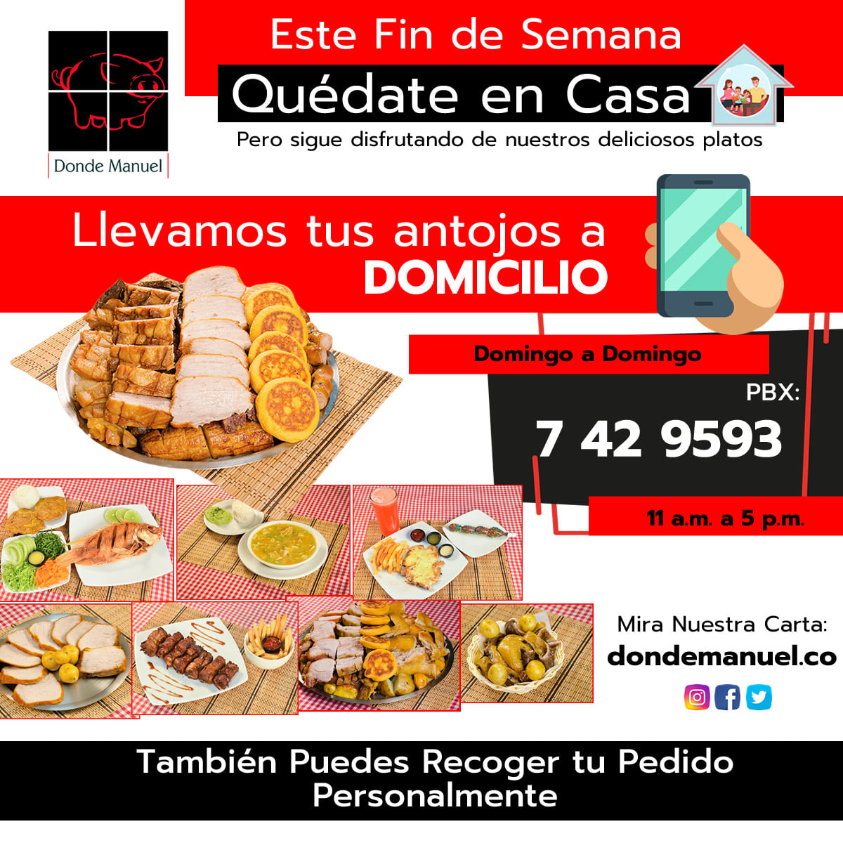DondeManuelCol's tweet photo. Hola! Recuerda que debido a las restricciones en Bogotá el día de hoy tendremos Domicilios y también podrás pasar a recoger tu pedido. Llámanos ahora: 7429593 Conoce nuestra carta: https://t.co/dNtJMWs0zW #domicilios #RestaurantesDomicilios #DondeManuel https://t.co/itSdKW1OnM