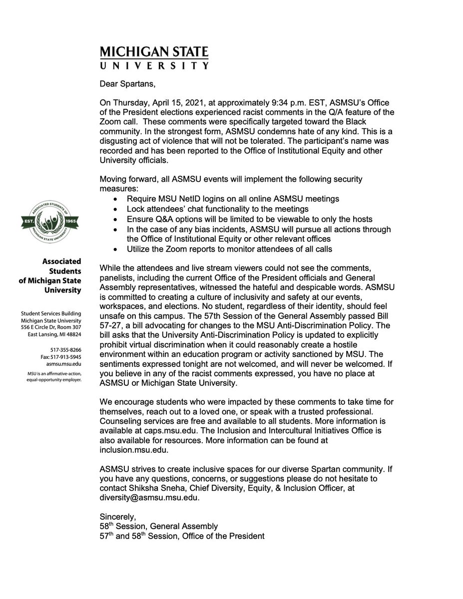 ASMSU's tweet photo. On Thursday, April 15, 2021, ASMSU’s Office of the President elections experienced racist comments. The sentiments expressed last night are not welcomed, and will never be welcomed at ASMSU.

View bill 57-27: https://t.co/ALm8F7XYbt https://t.co/H08y1kl6B4