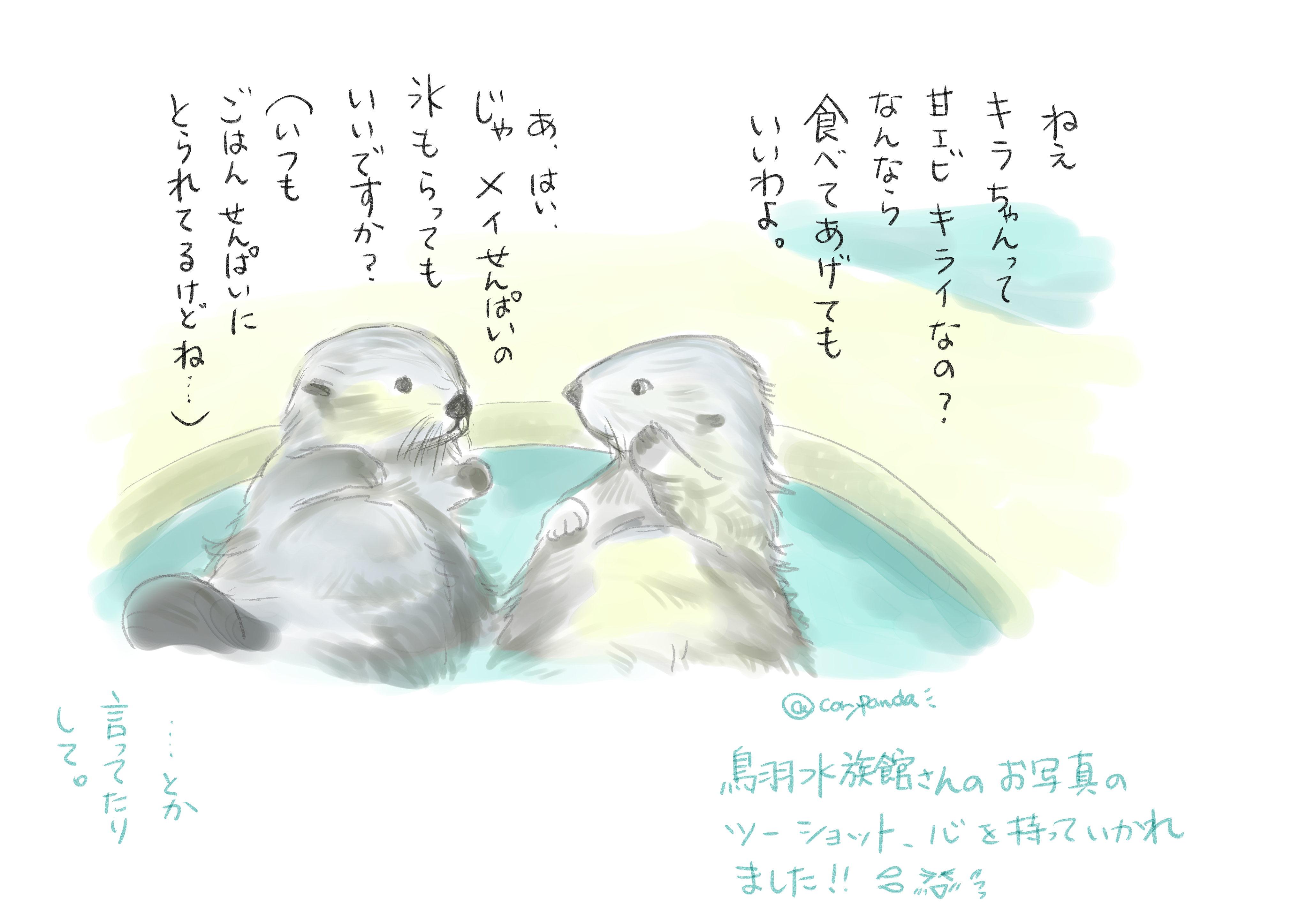 こりぱんだ 鳥羽水族館さんのキラちゃんとメイちゃんのツーショット写真が可愛すぎて どんなお話してるのかなぁと想像しちゃいました ラッコ キラ メイ イラスト 鳥羽水族館 T Co 0mzwio381o Twitter