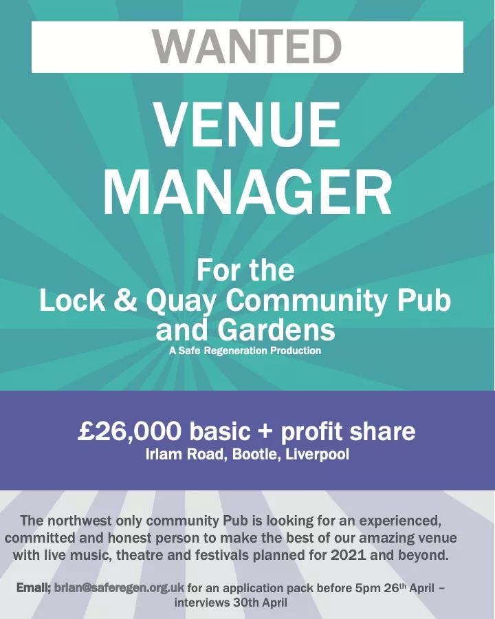 WANTED!!! 
If you think you'd be good for this role, give Brian an email at Brian@SafeRegen.org.uk 🙏

#venuemanager #lockandquaybootle #destinationbootle