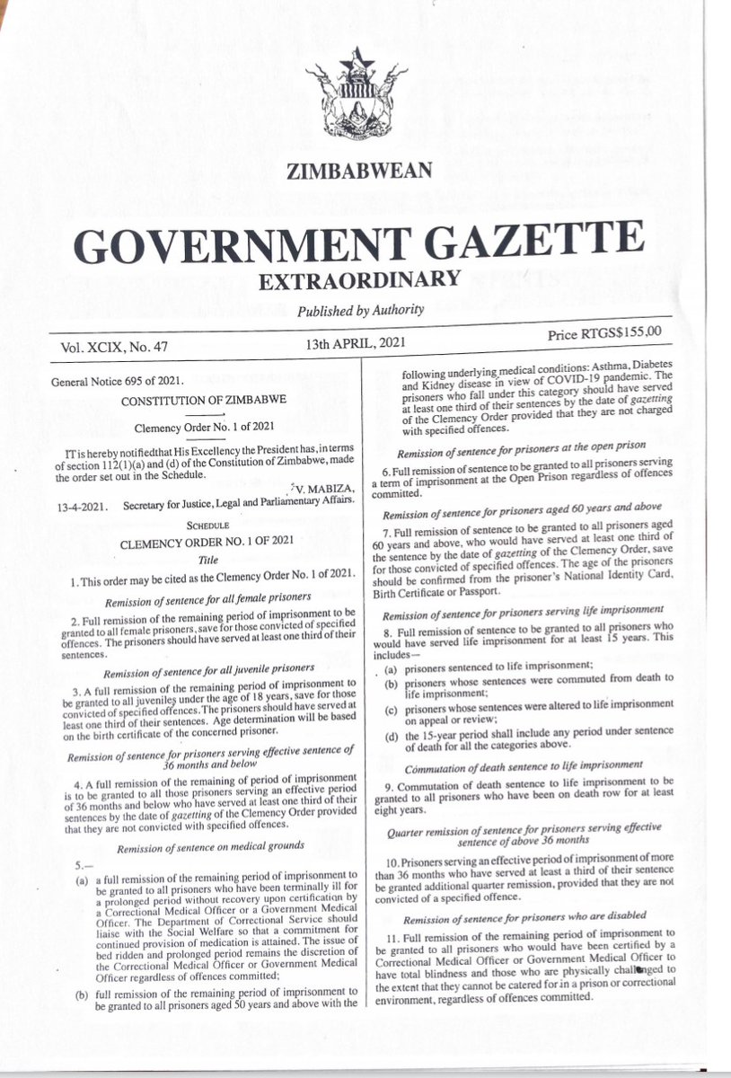 ZPCS_PR's tweet photo. Clemency Order no 1 of 2021 outlining categories of inmates that will benefit in the  Presidential amnesty. https://t.co/tQjlKzzAnB