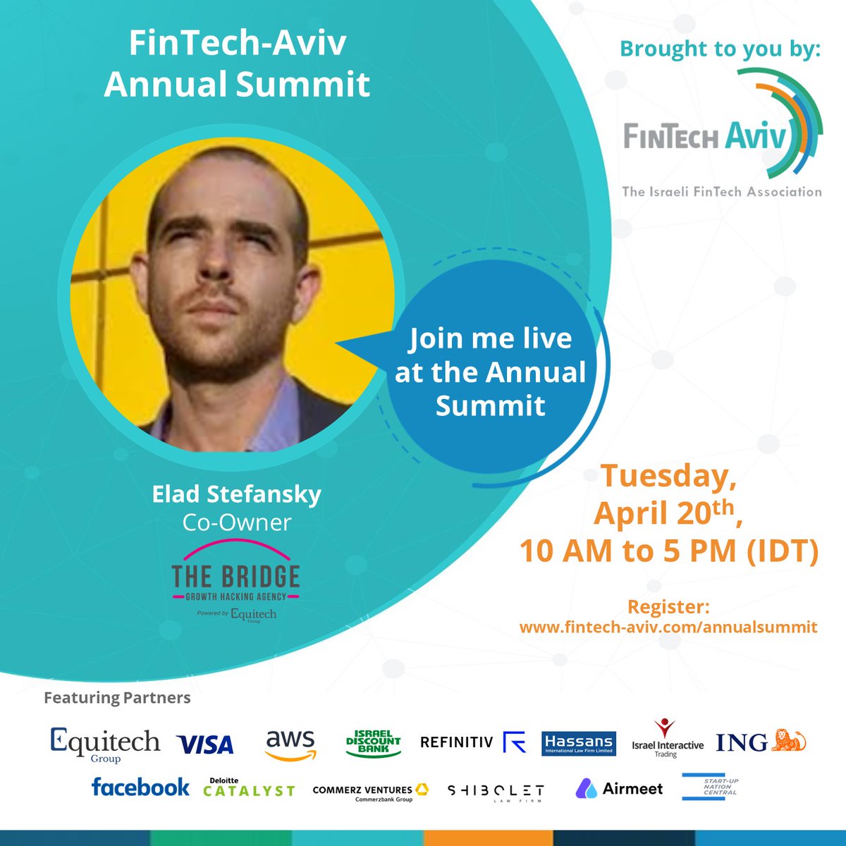 TheBridge_GA's tweet photo. Join us this upcoming Tuesday for the FinTech-Aviv Annual Summit for an exciting discussion on ways to Bridge the Gaps between FinTechs and Giants!
Free registration link and full agenda
https://t.co/CaHTHJBid5 
@eladstefansky 
@FinTechAviv
@EquitechTweets https://t.co/4b5rFUPeE7