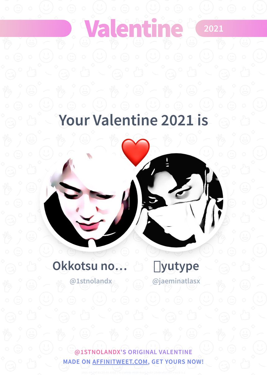 ✨ Valentine

This year you're mine jaeminatlasx! ❤️
And you, whom will be yours?

➡️ affinitweet.com/valentine