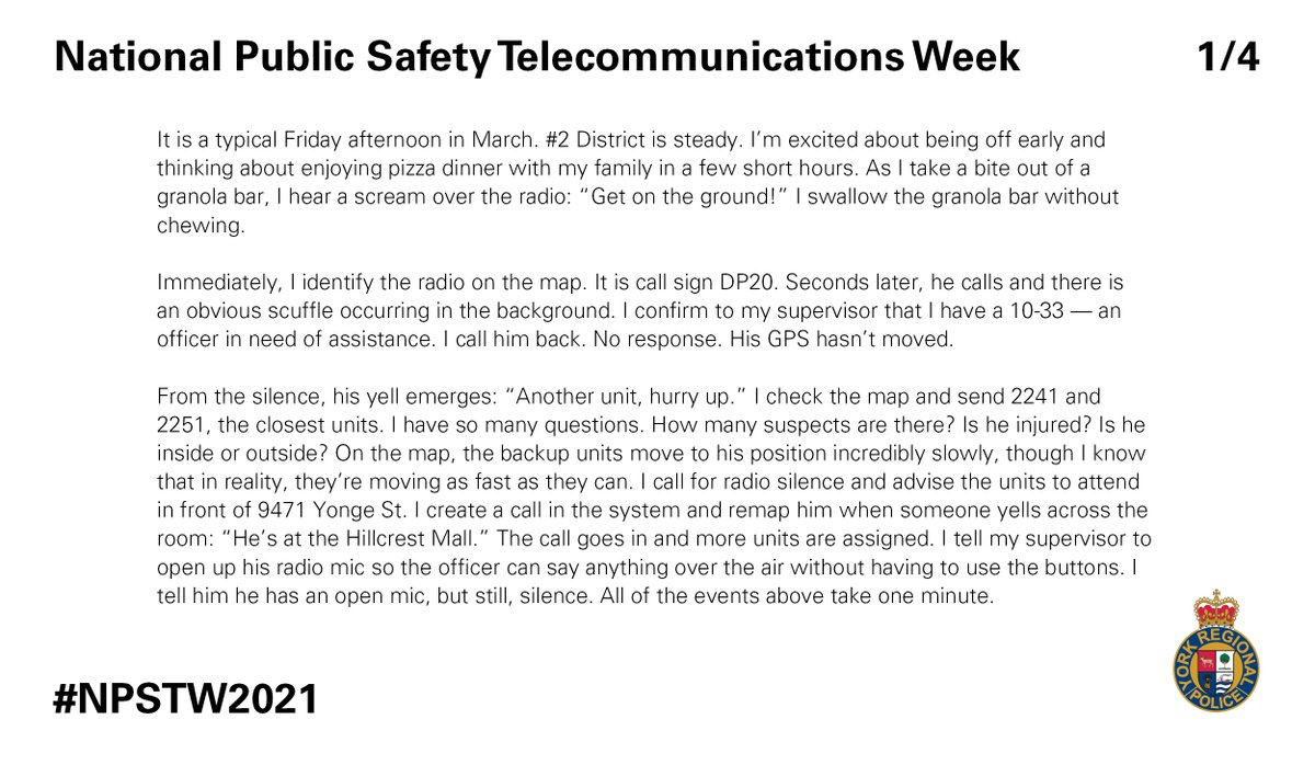 YRP's tweet photo. “I stop for a second and rub my hands together, as I realize they are shaking and I cannot type.”

This is how @YRP Communicator Leigh Bonnis collected herself to help first responders save the life of one of our own. https://t.co/AtIHhutN7B

#OnTheLine #HeadsetHeroes #NPSTW2021 https://t.co/QuNEegQxVN