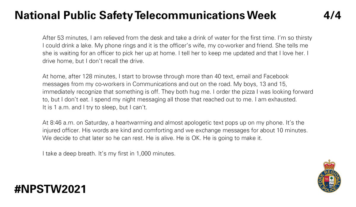 YRP's tweet photo. “I stop for a second and rub my hands together, as I realize they are shaking and I cannot type.”

This is how @YRP Communicator Leigh Bonnis collected herself to help first responders save the life of one of our own. https://t.co/AtIHhutN7B

#OnTheLine #HeadsetHeroes #NPSTW2021 https://t.co/QuNEegQxVN