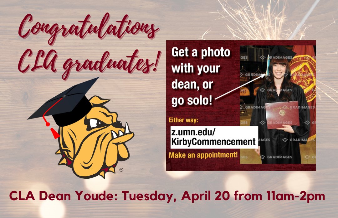 UMD CLA (@umdcla) on Twitter photo Reminder: <a href="/KirbyUMD/">UMD Kirby Student Center</a> is offering graduating seniors professional grad pics. April 20-23. 11:00 am - 2:00 pm each day. Kirby Lounge.
Schedule your photo at: z.umn.edu/kirbycommencemâŚ
Dean Youde will be there on Tuesday, April 20. Reminder: <a href="/KirbyUMD/">UMD Kirby Student Center</a> is offering graduating seniors professional grad pics. April 20-23. 11:00 am - 2:00 pm each day. Kirby Lounge.
Schedule your photo at: z.umn.edu/kirbycommencemâŚ
Dean Youde will be there on Tuesday, April 20.