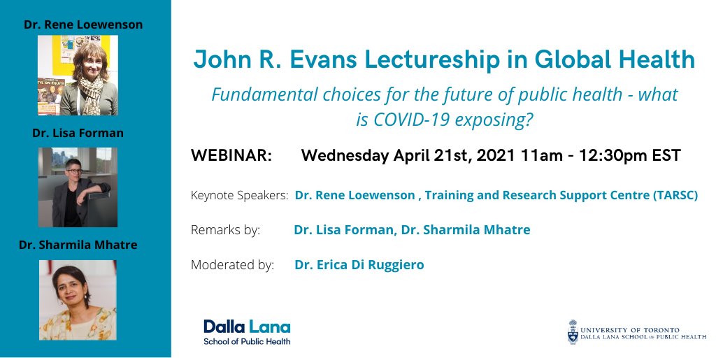 Don't miss our upcoming event - The John R. Evans Lectureship in #GlobalHealth. It was established by @cdavidnaylor and acknowledges the role Dr. Evans played in @UofT history and his global contributions to the advancement of human health and well-being. buff.ly/3czBwdD