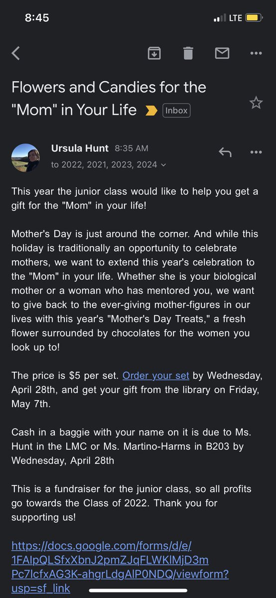 Click the link in the email Ms. Hunt has sent out to support the junior class and give a gift to a “mom” in your life!
