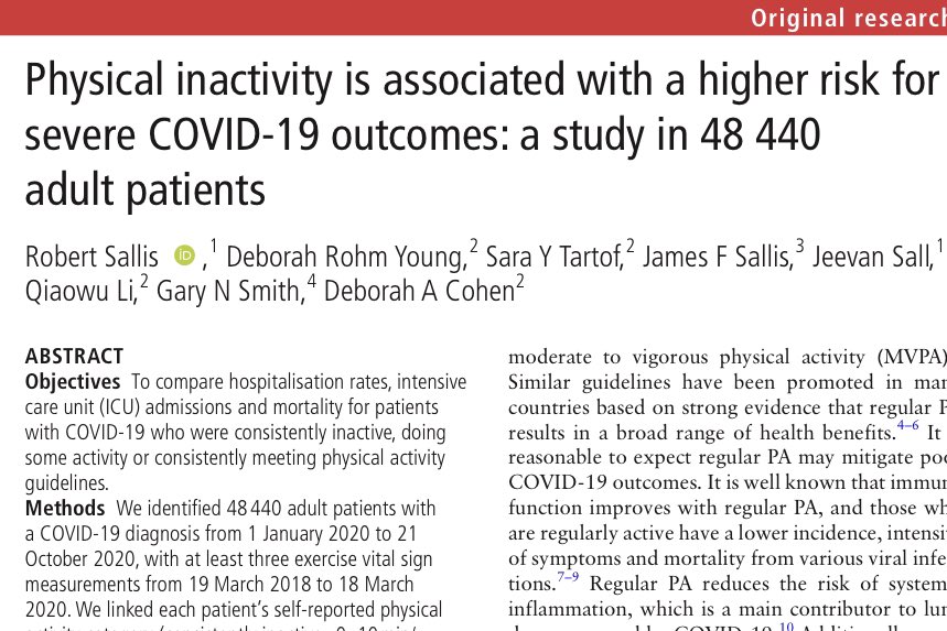 Paper of Day: ‘being consistently inactive was a stronger risk factor for severe Covid-19 outcomes than any of the underlying medical conditions &amp; risk factors… except for age &amp; a history of organ transplant.’ <a href="/BJSM_BMJ/">British Journal of Sports Medicine (BJSM)</a> 

bjsm.bmj.com/content/bjspor…