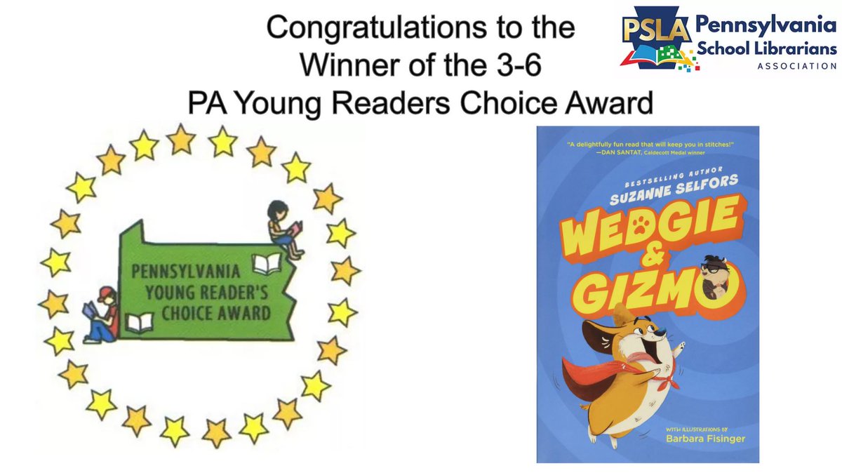 Mountain Laurel Book Award (@pa_yrca) on Twitter photo The votes are in! Congratulations to "Wedgie and Gizmo" by <a href="/sselfors/">Suzanne Selfors</a>, illustrated by <a href="/BarbaraFisinger/">Angua</a>
published by Katherine Tegan Books/<a href="/HarperCollins/">HarperCollins</a>
for winning the PA Young Readers Choice Award for grades 3-6!
<a href="/PSLA_News/">PSLA_News</a> The votes are in! Congratulations to "Wedgie and Gizmo" by <a href="/sselfors/">Suzanne Selfors</a>, illustrated by <a href="/BarbaraFisinger/">Angua</a>
published by Katherine Tegan Books/<a href="/HarperCollins/">HarperCollins</a>
for winning the PA Young Readers Choice Award for grades 3-6!
<a href="/PSLA_News/">PSLA_News</a>