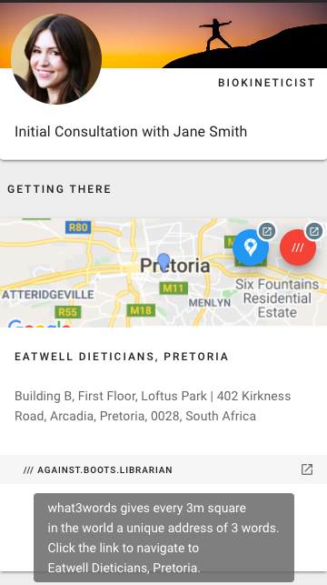 A screenshot of the Appointment Guru app showing the appointment page with a biokineticist and the what3words of where it will take place